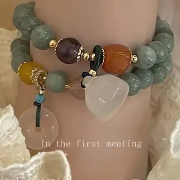 CHINESE GREEN JADE BEADS W/WHITE PEACE CHARM AND YELLOW & PINK JADE BRACELET B - Picture 3 of 4